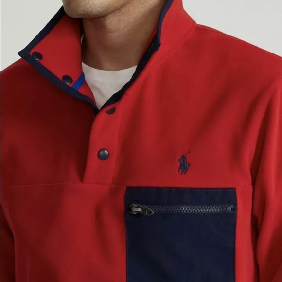 NEW Polo Ralph Lauren Men’s Pullover 1/4 Button up Fleece Sweater In Red SZ.L - Picture 3 of 7